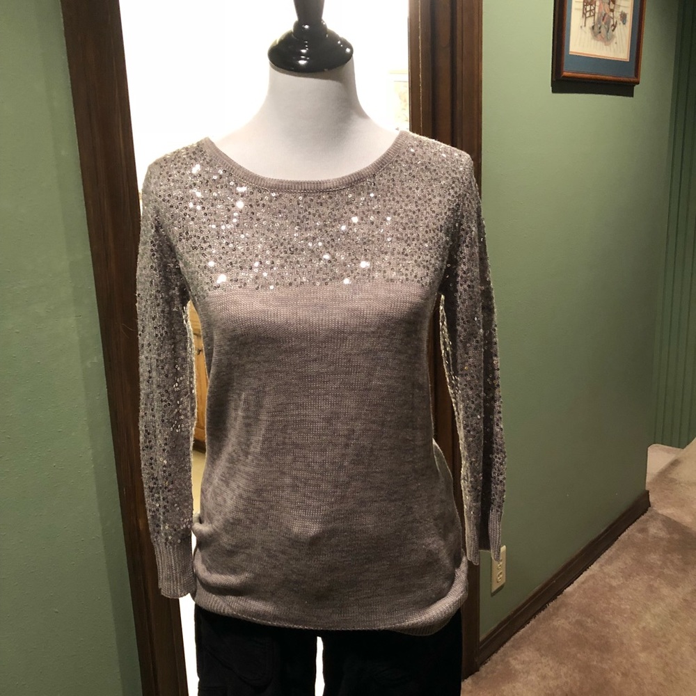Cupio Silver Sequined 3/4 Sweater Sz S